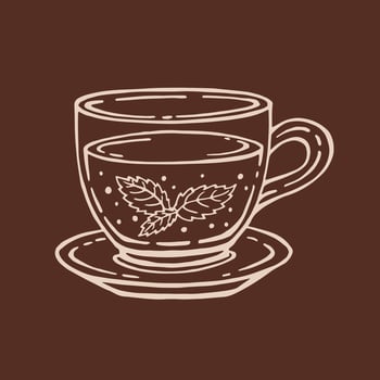 Cup of tea with healthy green tea, mint leaves. Hand drawn illustration in outline style. vector