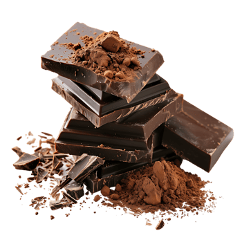 Chocolate bar pieces with cocoa powder isolated on transparent background png