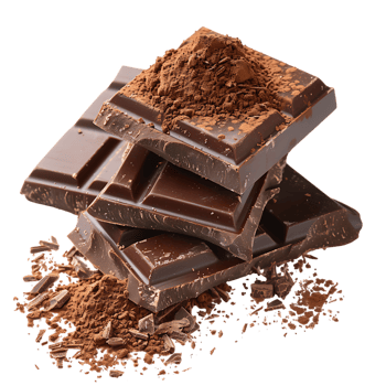 Chocolate bar pieces with cocoa powder isolated on transparent background png