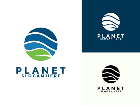 Creative planet with leaf logo design with modern concept, Care Earth logo illustration vector