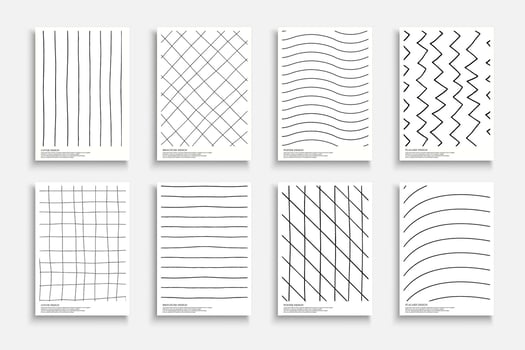 Collection of black and white hand drawn modern striped covers, templates, placards, brochures, banners, flyers etc. Art drawing monochrome backgrounds, postcards, posters, invitation with lines print vector