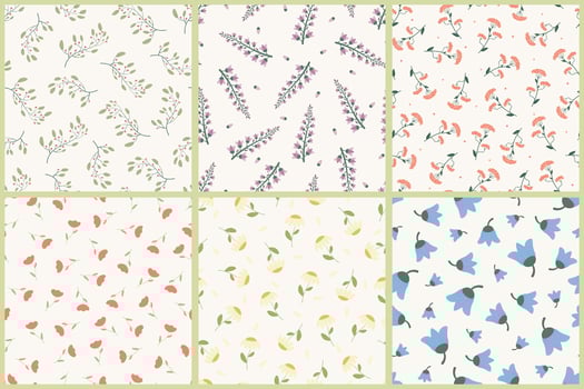 Collection of seamless elegant floral patterns - hand drawn cute design. Repeatable colorful spring backgrounds with branches and flowers. Textile endless prints. illustration vector