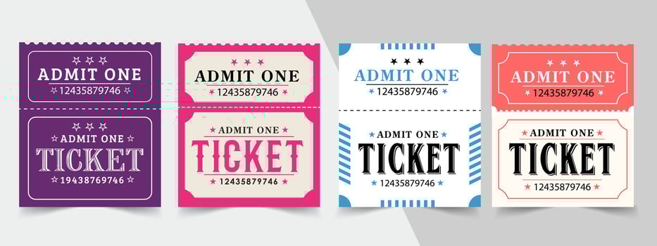 Ticket design template. Ticket for event or program access. Collection of colorful tickets with place for text vector