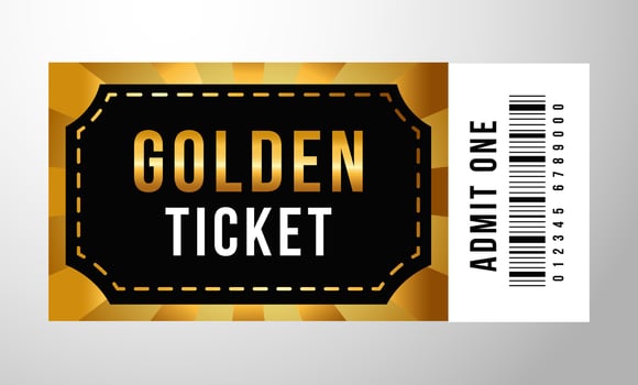 Golden ticket template. Exclusive gold admit one event and performance ticket. Luxury tickets for VIP members, VIP pass, vector