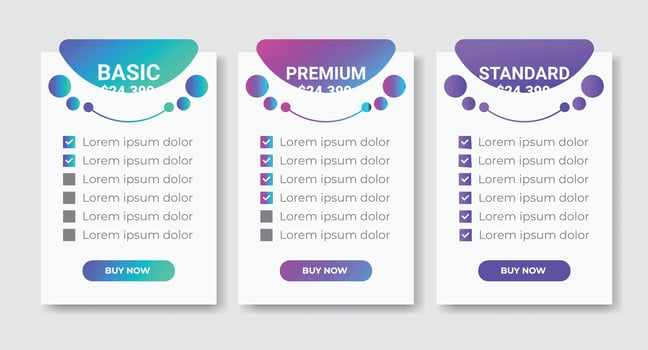 Business pricing plans table and pricing chart Price list for web or app. Ui UX pricing design tables with Tariff plans comparison,subscription vector