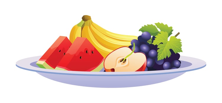 Plate with slices of watermelon, bananas, apple, and grapes. Cartoon illustration vector