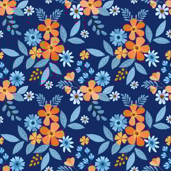 Beautiful blooming flowers design on blue color background seamless pattern. vector