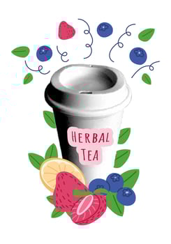 Halftone collage with cup and fruits and berries. Banner for coffee and tea shops. Herbal tea vertical banner. Can be used for decoration or promotion vector