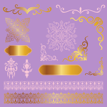 Vintage set of gold and pink on purple background for wedding card. vector