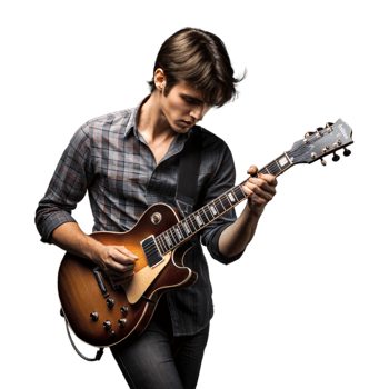 Man playing an electric guitar, immersed in his music png