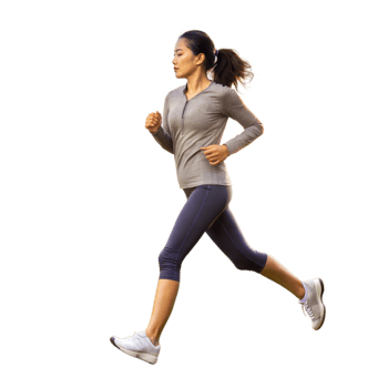 Woman running outdoors, dressed in athletic wear png