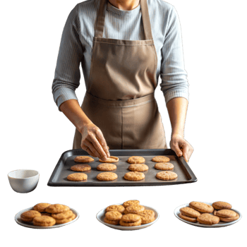 Person baking cookies on a tray, representing cooking, homemade food, and the joy of baking in a cozy kitchen setting. png
