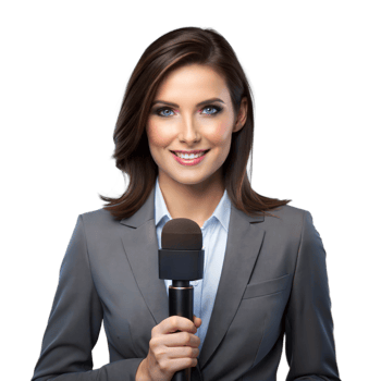 Female news reporter with microphone, representing journalism, news coverage, and media reporting in a professional setting. png