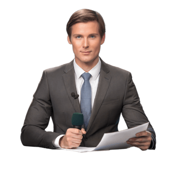 Professional news anchor at a desk, symbolizing broadcasting, journalism, and delivering news in a studio setting. png