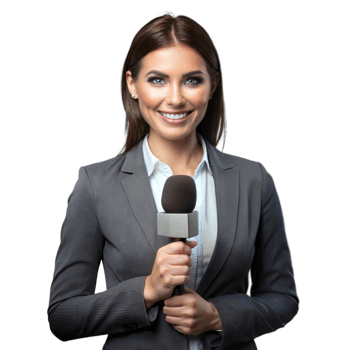 Female news anchor with microphone, symbolizing journalism, broadcasting, and delivering news in a professional setting. png