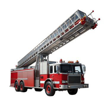 Fire truck with an extended ladder, representing firefighting, emergency response, and rescue operations. png
