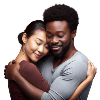 Interracial couple embracing, representing love, unity, and cultural diversity. png