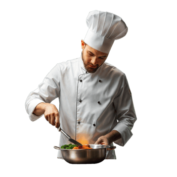 Chef preparing a dish, symbolizing culinary skills, cooking, and professional kitchen work. png