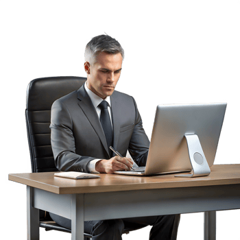 Businessman in a suit working on a laptop at a desk png