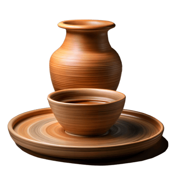 Pottery set with beautifully crafted clay pots on a display png