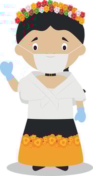 Character from Philippines dressed in the traditional way and with surgical mask and latex gloves as protection against a health emergency vector