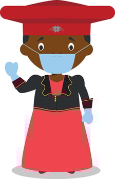 Character from Namibia-Herero Tribe dressed in the traditional way and with surgical mask and latex gloves as protection against a health emergency vector