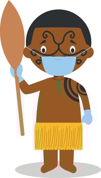 Character from New Zealand dressed in the traditional way of the Maori tribe and with surgical mask and latex gloves as protection against a health emergency vector