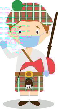 Character from Scotland dressed in the traditional way with kilt and bagpipes and with surgical mask and latex gloves as protection against a health emergency vector
