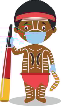 Character from Australia-Aboriginal dressed in the traditional way and with surgical mask and latex gloves as protection against a health emergency vector