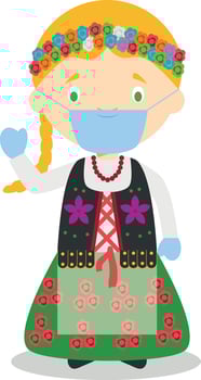 Character from Poland dressed in the traditional way and with surgical mask and latex gloves as protection against a health emergency vector