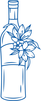Bottle of white wine made from light grape varieties, decorated with summer flowers. Hand drawn. png