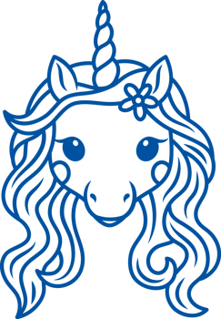 Unicorn from cartoon about princess with curly mane and sharp horn looks at screen. Hand drawn. png