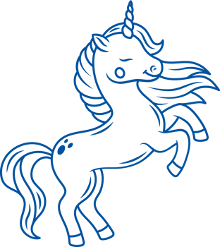 Unicorn horse stands on two legs and closes eyes, showing off beautiful mane. Hand drawn. png