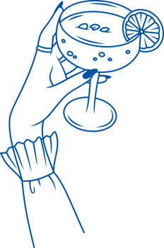 Cold cocktail in elegant glass decorated with slice of lemon, in woman hand. Hand drawn. png
