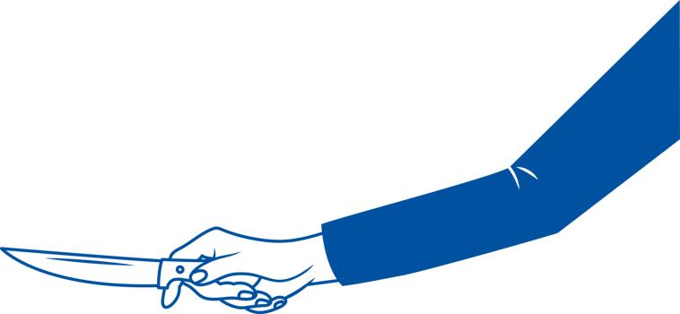 Kitchen knife in hand of man, wanting to cut bread or vegetables for salad. Hand drawn. png