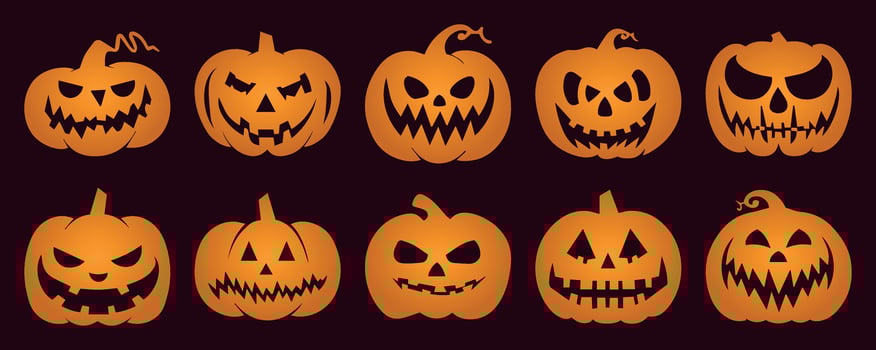 Scary Pumpkin Icons. Halloween Silhouette Collection with Different Faces. Jack-o'-lantern Illustrations Isolated on Solid Background for October Party and Thanksgiving Decor. vector