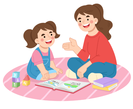 Mother telling story to daughter cartoon illustration png