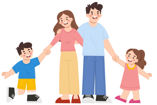 Happy family portrait with four members cartoon illustration png