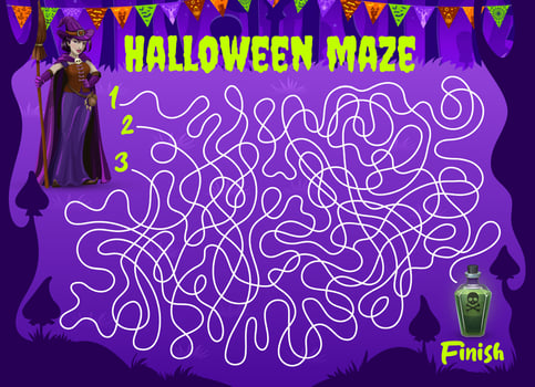 Halloween labyrinth maze game with witch poison vector