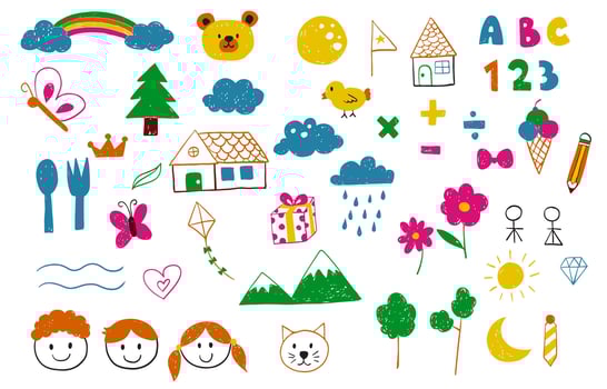 cute scribble element object with bear,tree,rainbow,123,abc,flower vector