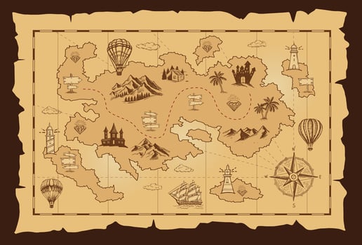 Old treasure map sketch. Hand drawn illustrations, . vector