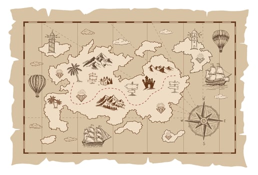 Old treasure map sketch. Hand drawn illustrations, . vector