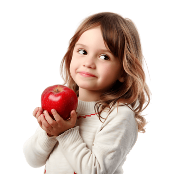 The image of the girl holding an apple over transparent background png