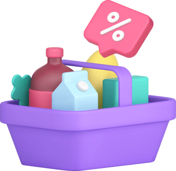 Grocery shopping sale discount supermarket basket full of food drink 3d icon realistic png