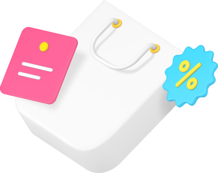 Shopping sale discount paper bag with percentage tag and bill receipt 3d icon realistic png
