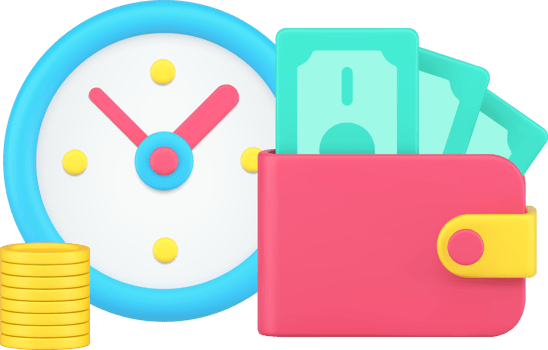 Money wealth business profit with wallet cash coins during alarm clock time 3d isometric png