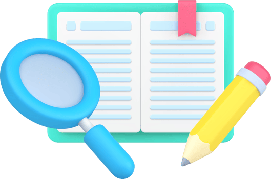 Reading book with magnifying glass and pencil for excretion important information 3d icon isometric png