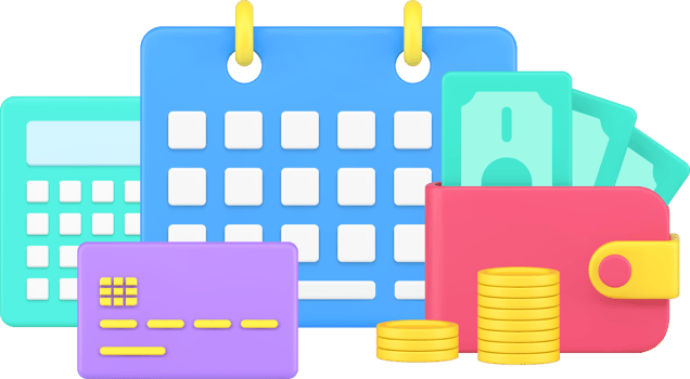 Calculating regular monthly payment with calendar, debit card and coins cash money dollar 3d icon png