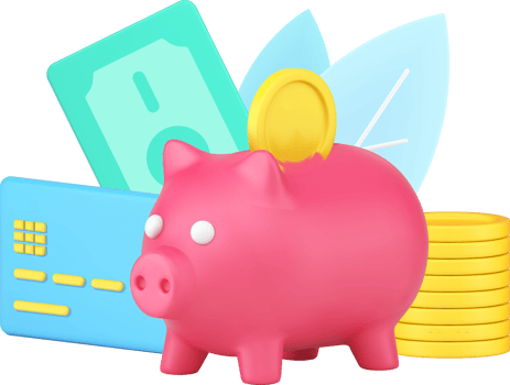 Money savings with golden coins in piggy bank and cash money dollar with credit card 3d icon png