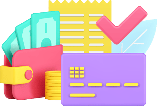 Successful payment with credit card, cash money dollar, coins, wallet and receipt 3d icon png